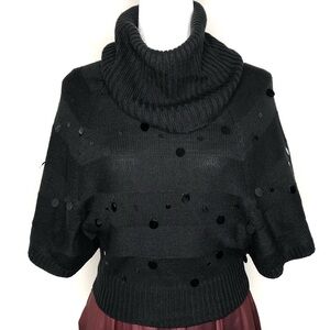 Dressy Sweater Cowl Neck Cropped Paillettes Holiday Evening Black Medium M